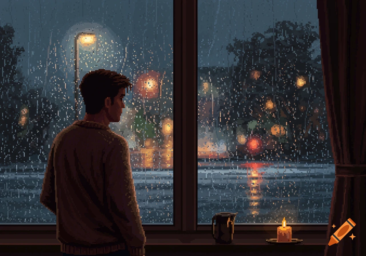 Pixel art of a man looking out a rainy window at night, with streetlights and reflections, a candle burning on the sill.