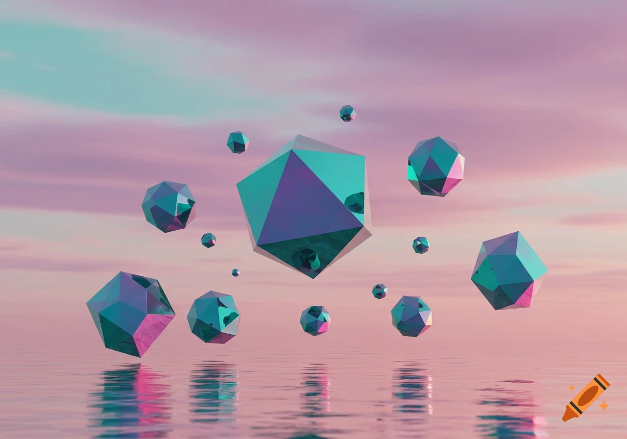 Shiny teal and purple geometric shapes float above calm water with a pink and blue sky.