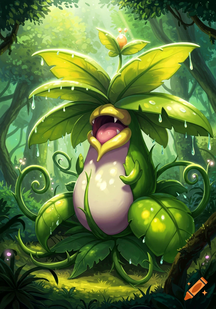 A vibrant green, plant-like creature resembling Victreebel, with a wide mouth and large leaves, covered in dew drops, in a lush jungle.