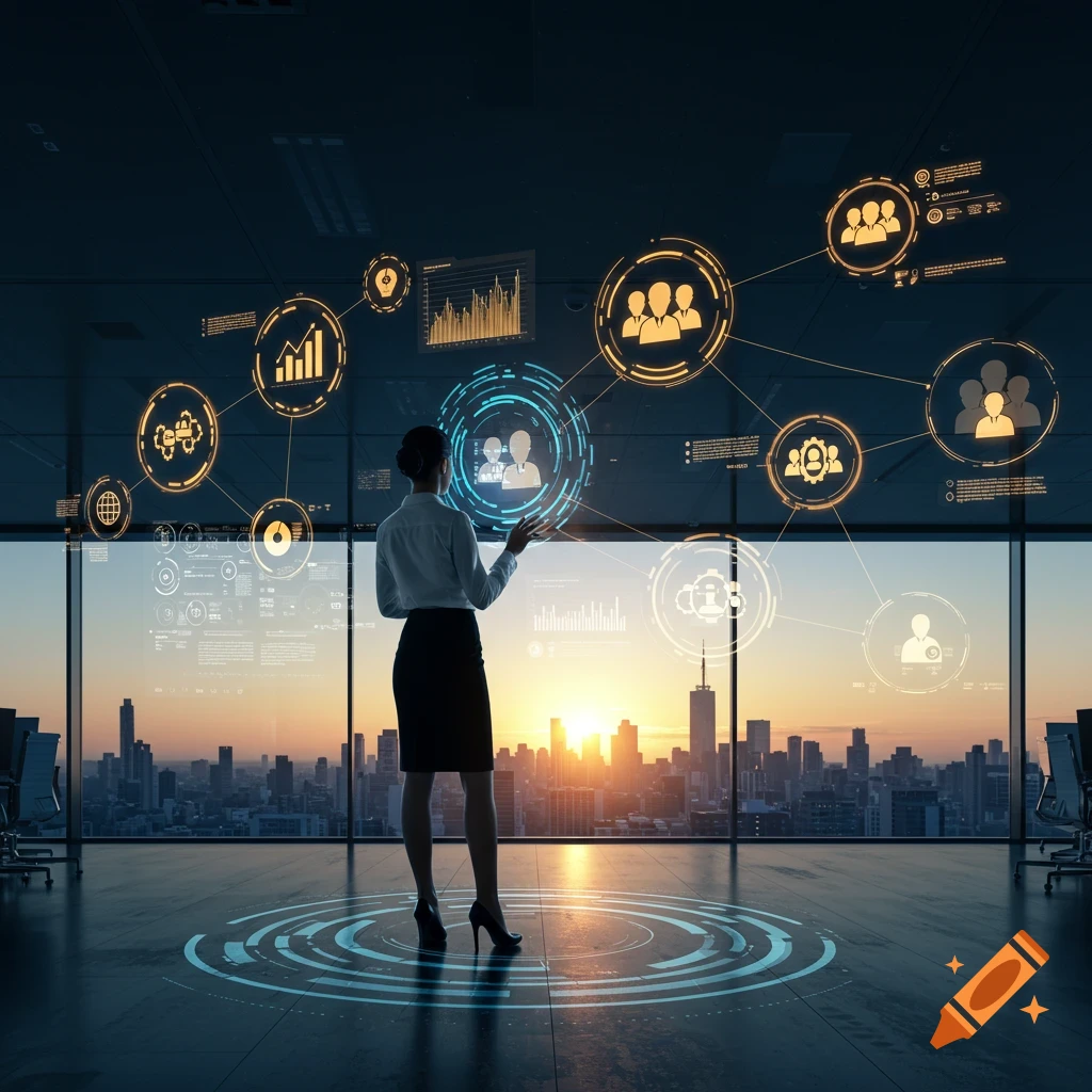Businesswoman in modern office overlooking city at sunset, interacting with holographic data displays.