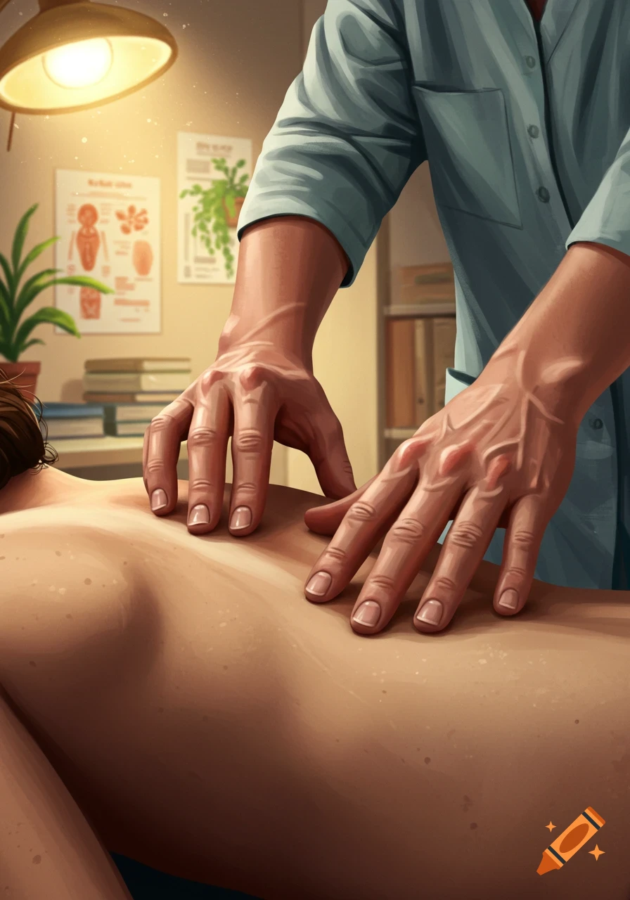 Digital illustration of a person's bare back being palpated or massaged by hands in a clinic setting.