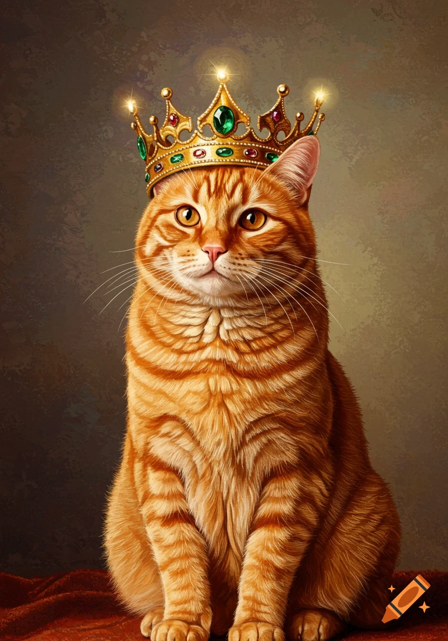 A detailed painting of an orange tabby cat wearing a golden king's crown adorned with green and red jewels.