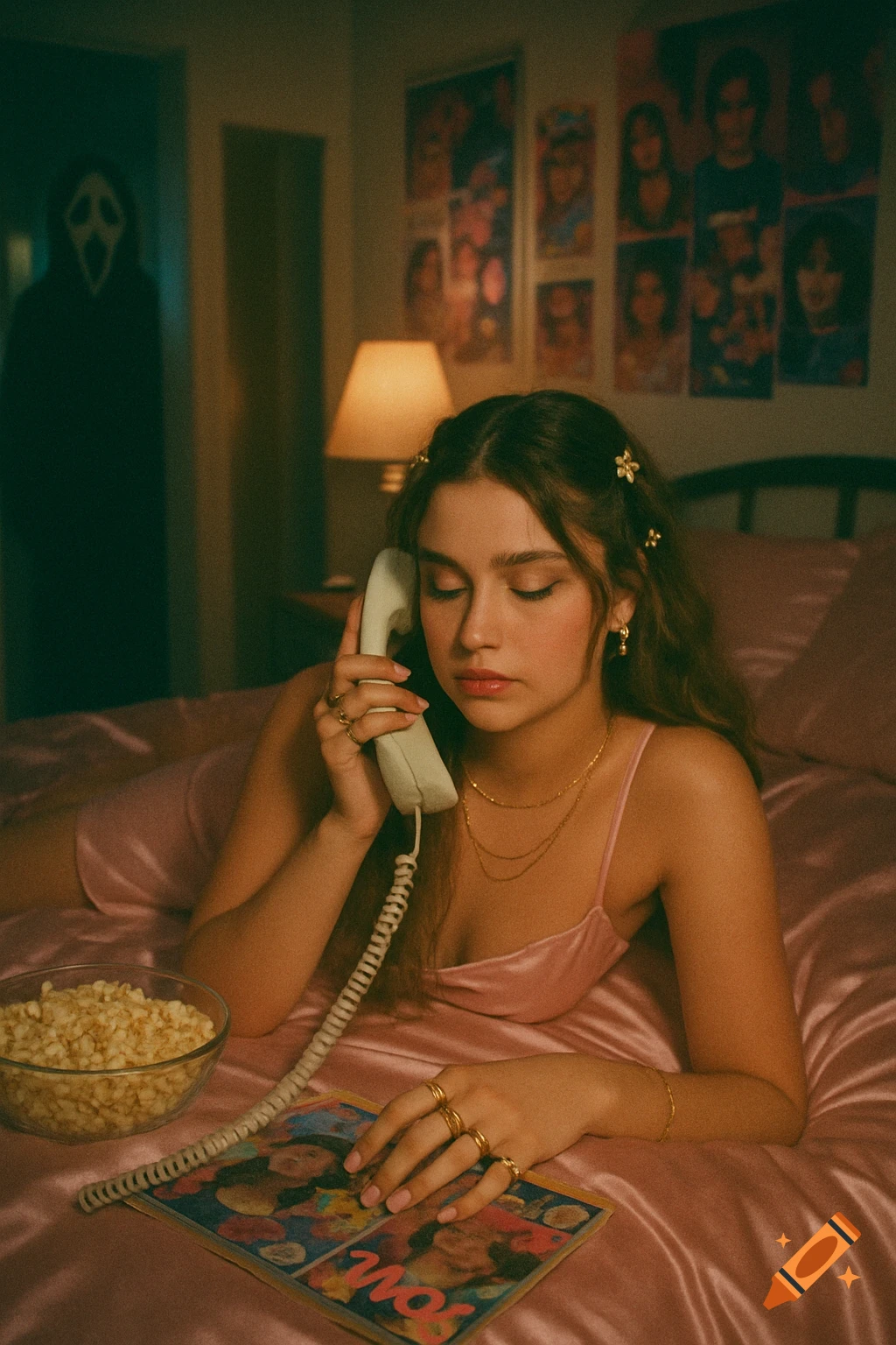 A dreamy, grainy 90s-style portrait of a woman in a pink slip talking on a corded phone on a satin bed, with Ghostface lurking in the background doorway.