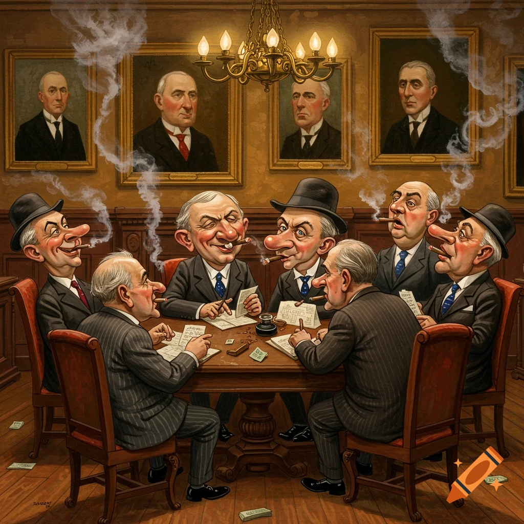 Caricature oil painting of old politicians in a smoky room, gathered around a table with cigars, making deals.