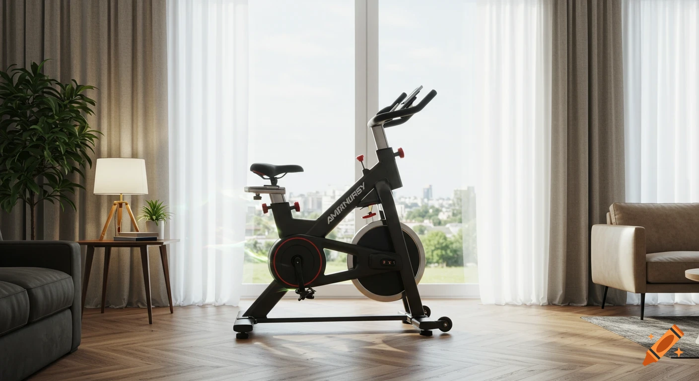 A black stationary spinning bike in a modern, sunlit room with hardwood floors, a large window, and light-colored curtains.