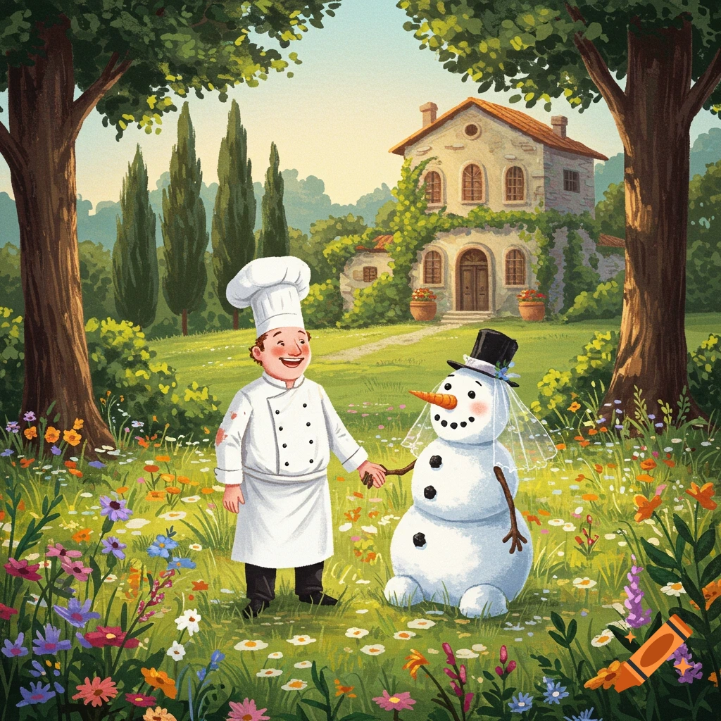 A happy chef and a snowman holding hands in a colorful flower garden with a grand villa and cypress trees in the background, storybook illustration style.