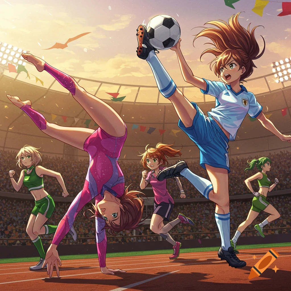 Anime-style athletes compete in a stadium, featuring a gymnast, a soccer player, and runners.
