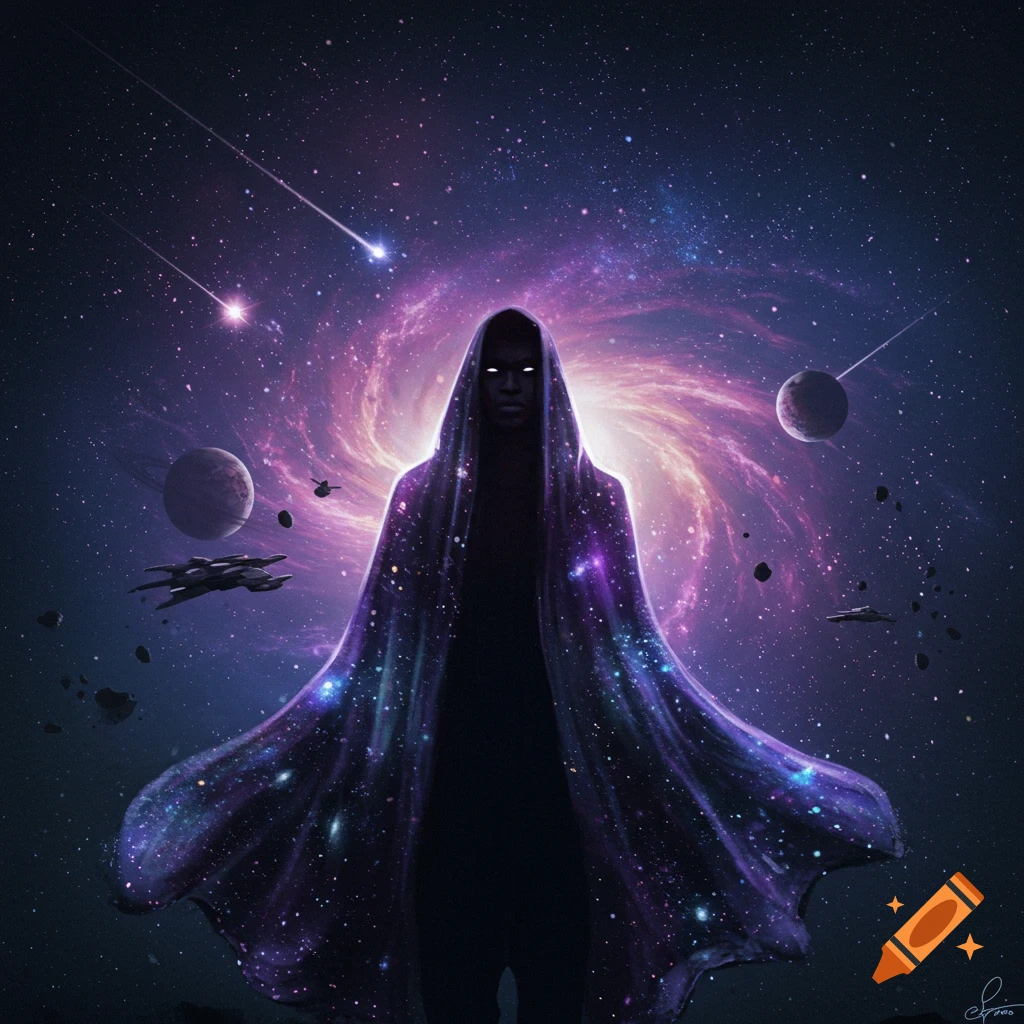 A dark cloaked figure with glowing eyes stands against a cosmic backdrop of galaxies, planets, and shooting stars, with spaceships flying nearby.