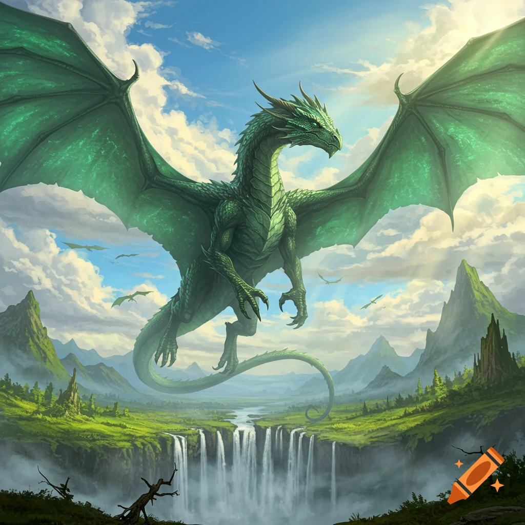 A large green dragon with spread wings flies over a lush valley with cascading waterfalls and distant mountains under a blue, cloudy sky.