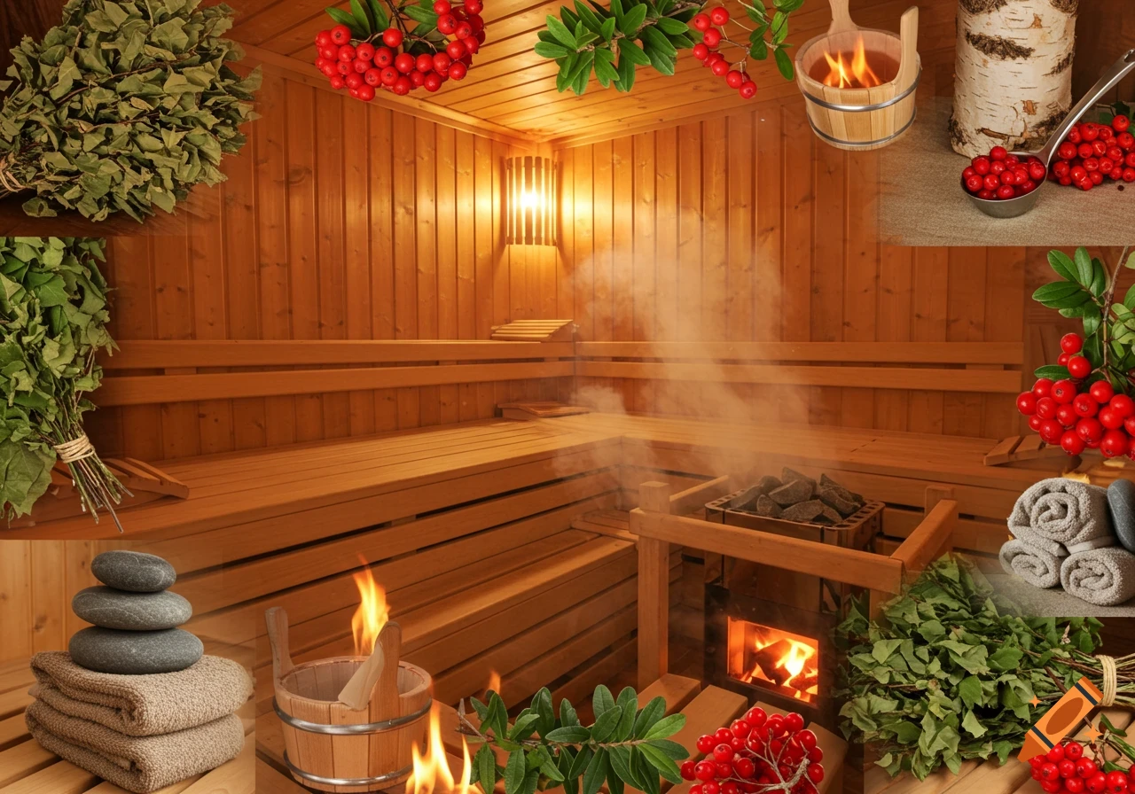 A collage featuring a rustic wooden sauna interior with steam, birch branches, red berries, and spa accessories.