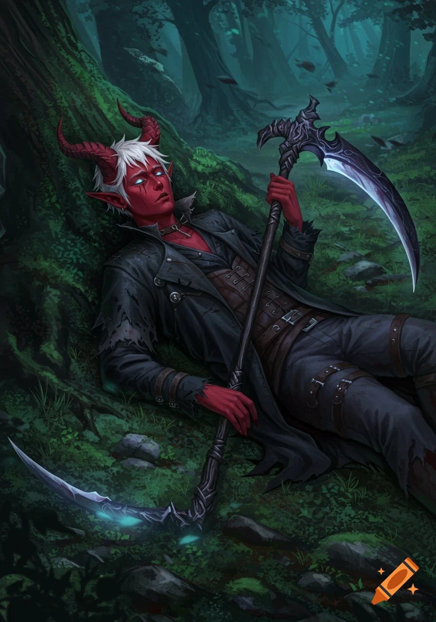 A red-skinned, white-haired fantasy character with horns lies in a dark forest, holding an ornate scythe.