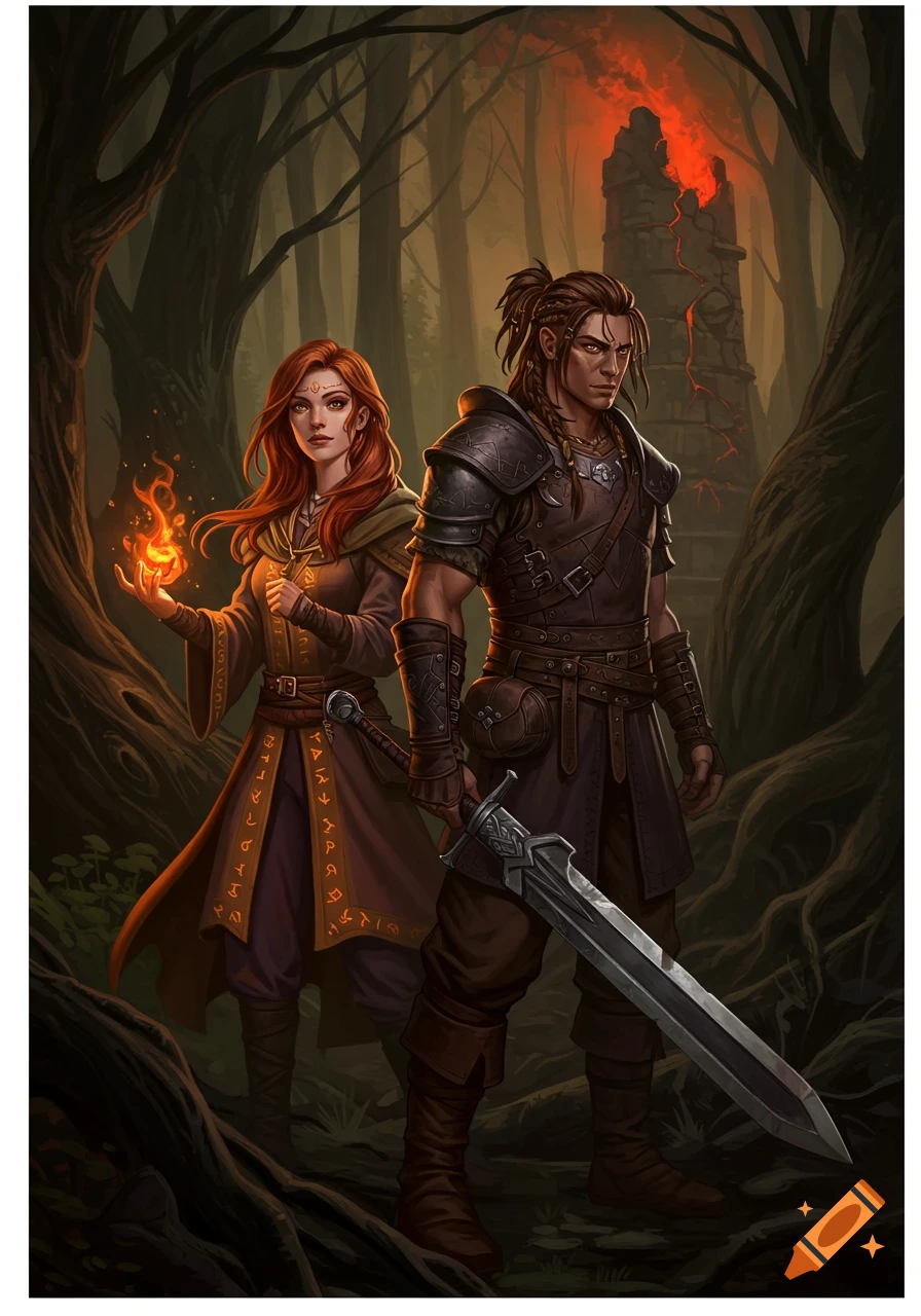 Two fantasy characters, a female sage with fiery magic and a male warrior with a sword, stand in a dark, enchanted forest with a glowing, crumbling tower in the background.