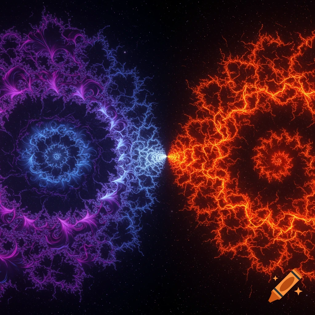 Vibrant abstract fractal art with glowing blue and orange energy patterns against a starry dark background.