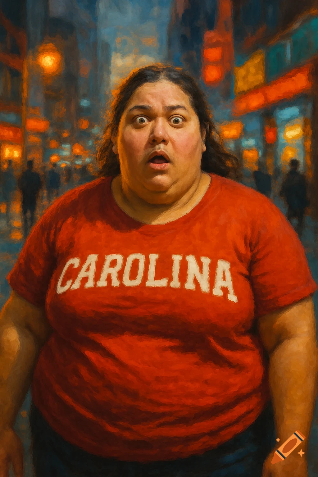 A painting of a heavy-set woman with a scared expression, wearing a red t-shirt with 'CAROLINA' written on it, in an urban setting at night.