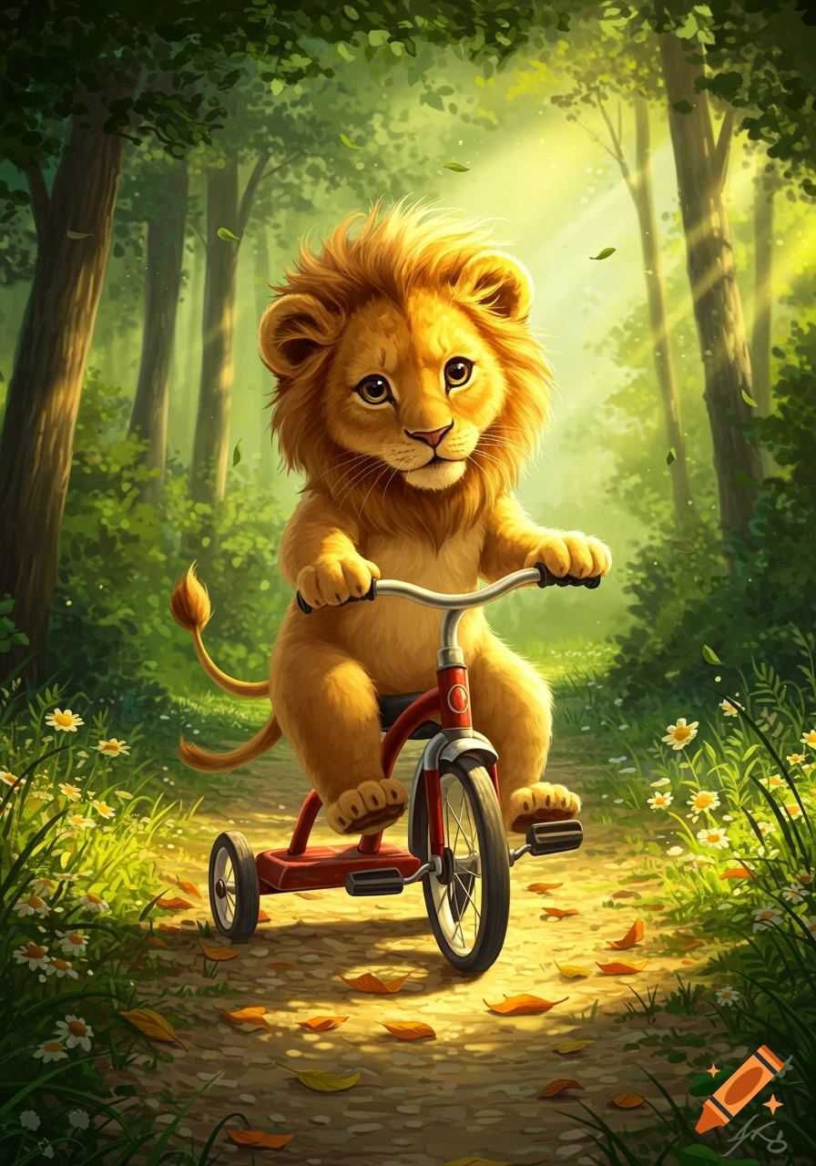 A cute baby lion rides a red tricycle down a sunlit forest path in a charming illustration.