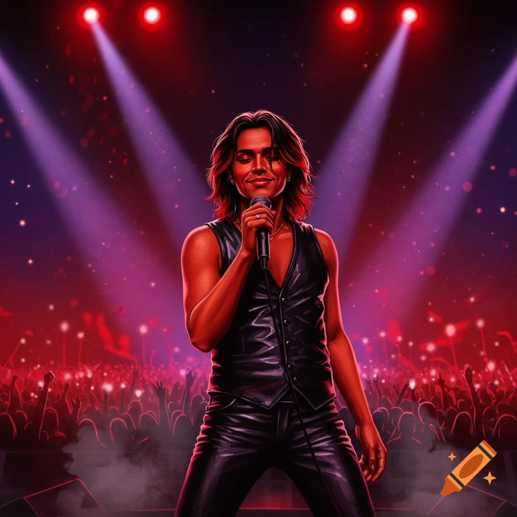 A charismatic rock singer in black leather sings into a mic on stage under red spotlights, a cheering crowd blurry behind him.