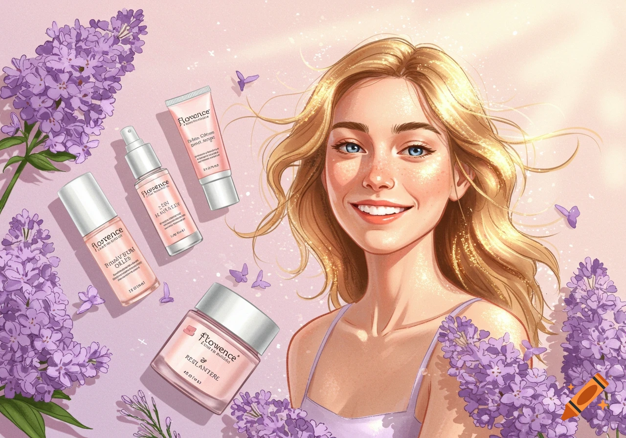 Smiling blonde woman with blue eyes and freckles, surrounded by purple lilac flowers and cosmetic products, in an illustration style.