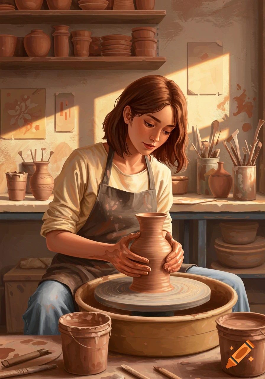 A young woman in an apron intently shapes a clay pot on a pottery wheel in a sunlit studio filled with pottery and tools.