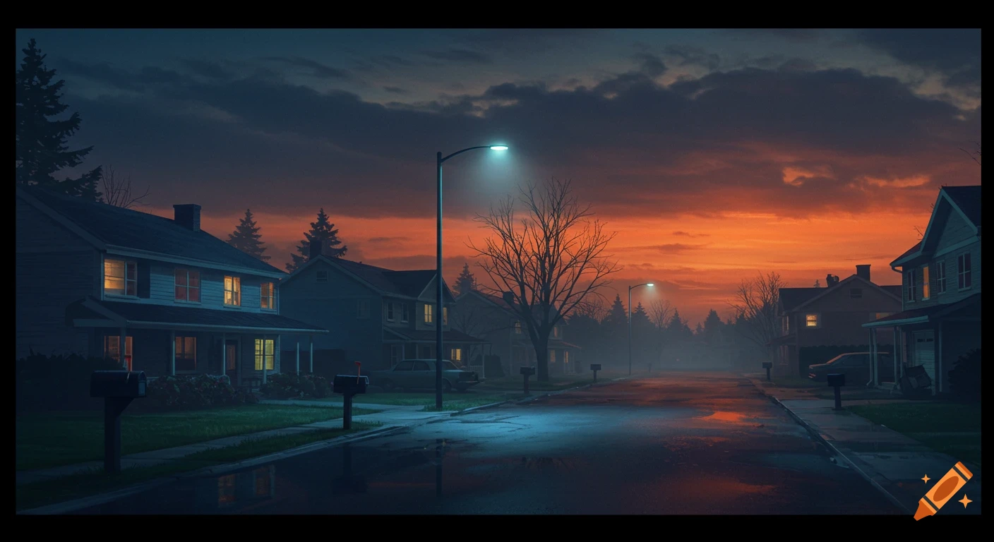 A dark suburban street at dusk with glowing streetlights, houses, bare trees, and a vibrant orange and purple sky.