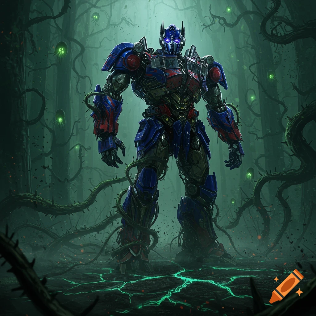 Optimus Prime, a large red and blue robot, standing in a dark, overgrown forest with glowing green vines and eyes, in a dark fantasy art style.