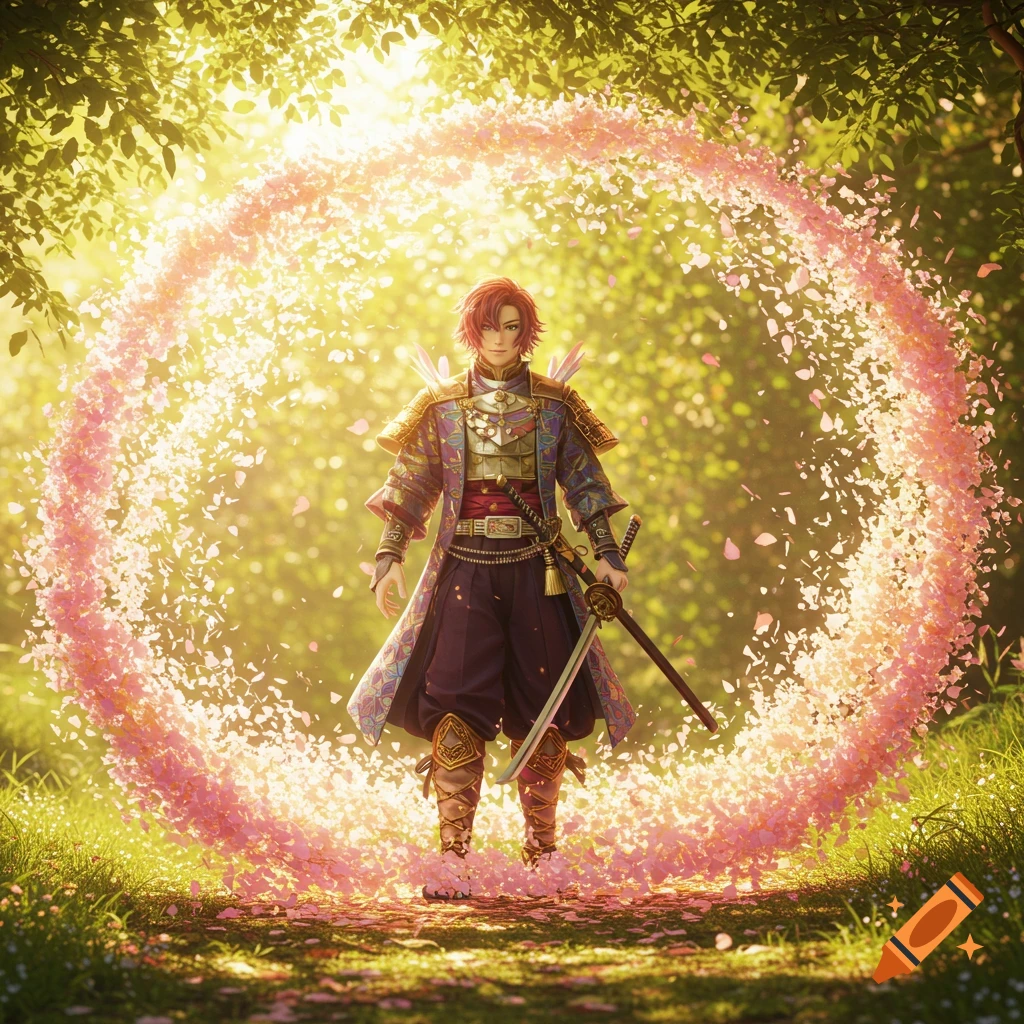 Vibrantly dressed swordsman with reddish hair, encircled by glowing pink flower petals in a bright, sunny fantasy forest, anime style.