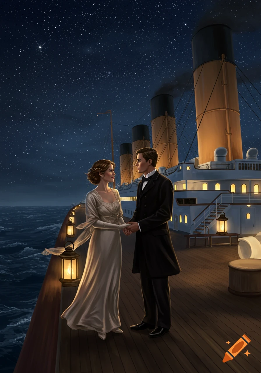 An illustrated couple holding hands on the deck of a large ship at night under a starry sky.