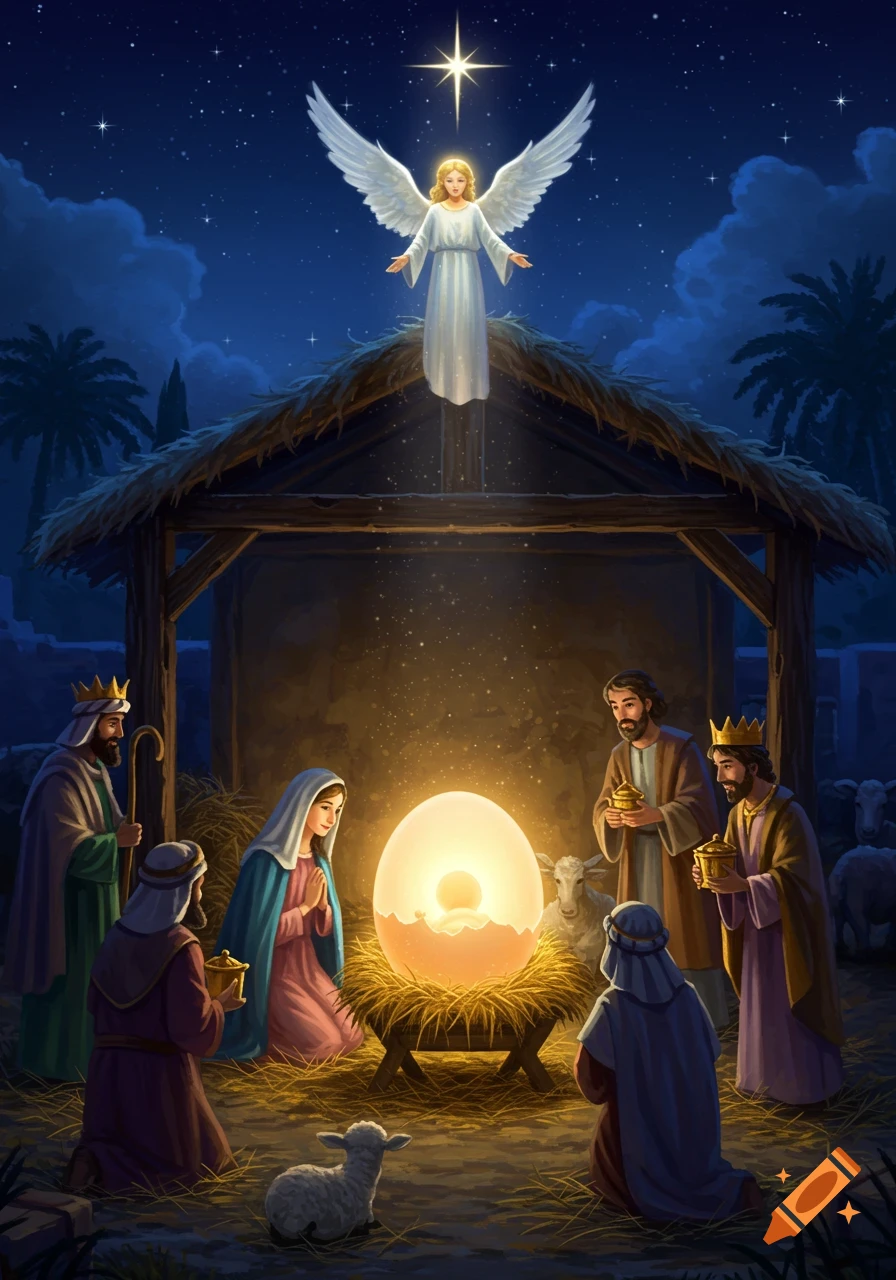 A vibrant nativity scene at night with an angel and wise men gathered around a glowing, cracked egg in a manger, under a bright star.