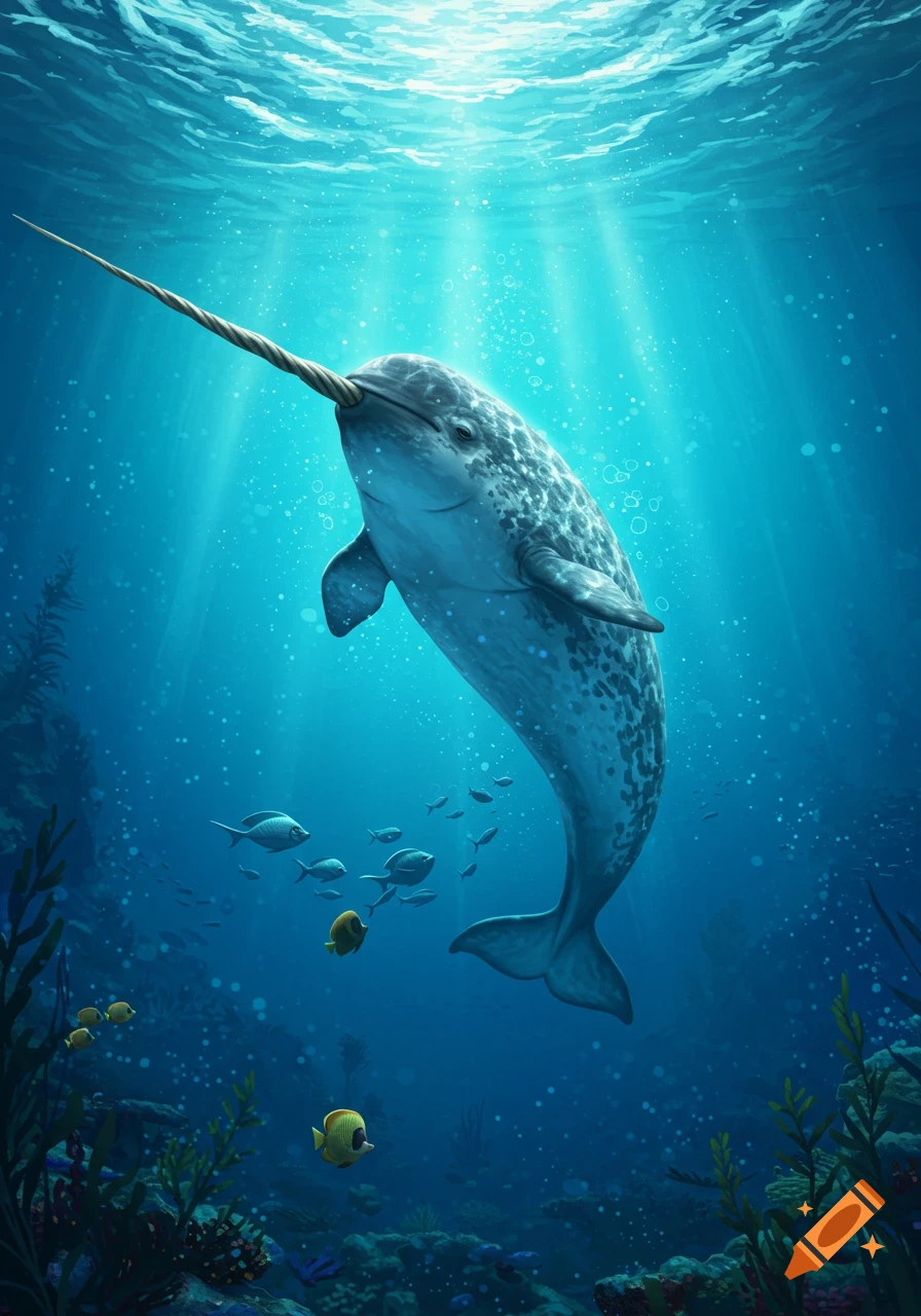 A narwhal swims gracefully through vibrant blue ocean water, with sun rays shining from above and colorful coral and small fish below.
