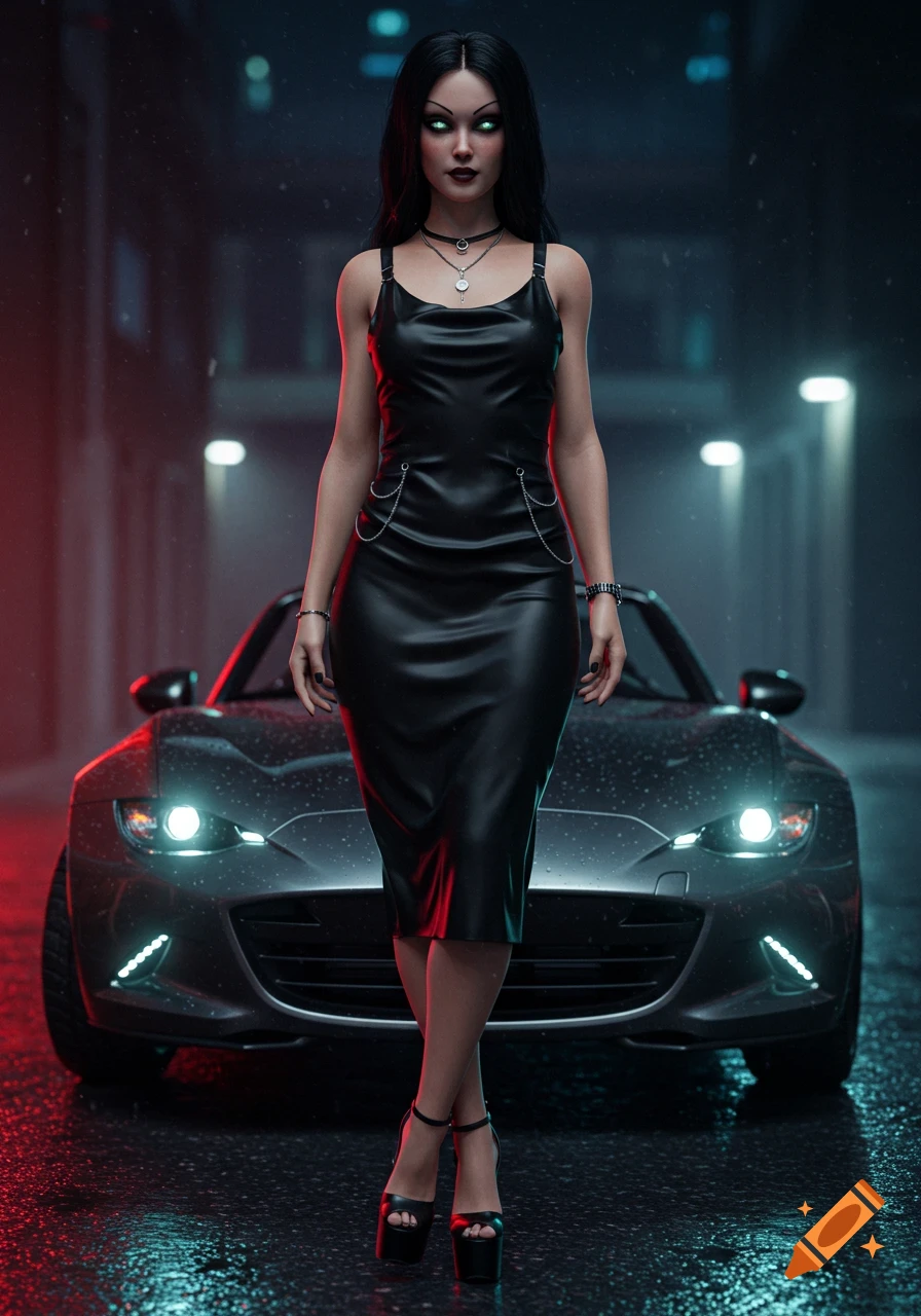A woman with glowing green eyes in a black leather dress stands in front of a black sports car on a wet street at night.