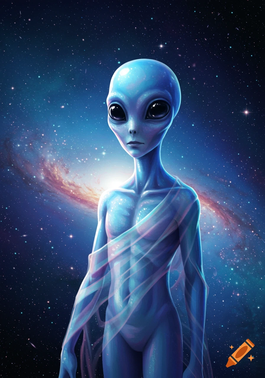 A blue alien with large black eyes stands in front of a galaxy and starry space background, looking forward.
