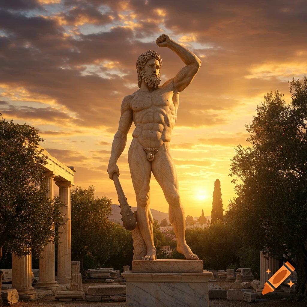 Photorealistic image of a Hercules statue holding a club, arm raised, standing amidst ancient Greek ruins at sunset.