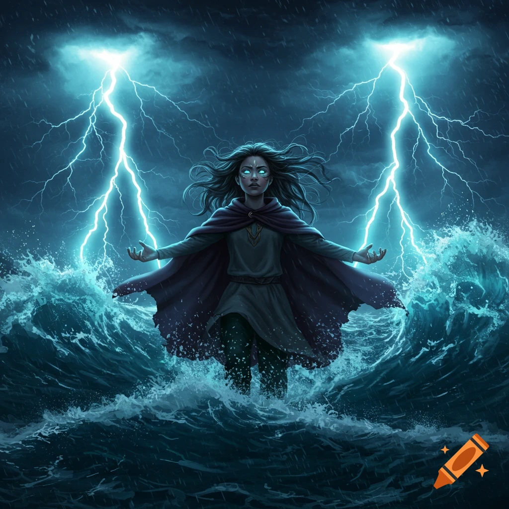 A powerful woman with glowing eyes stands in a stormy sea, commanding two bolts of lightning and waves in a dramatic digital painting.