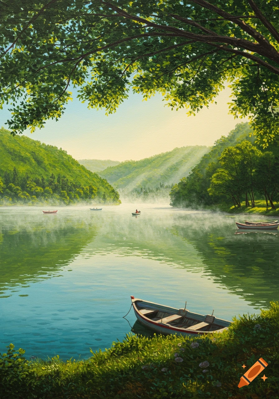 Painterly view of a misty lake with small boats, surrounded by lush green hills, under a canopy of sunlit trees.