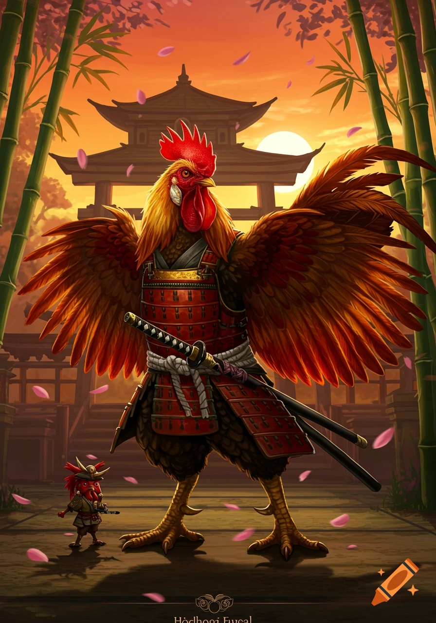 A majestic rooster in samurai armor with a katana stands before a Japanese temple at sunset, alongside a small, horned creature. Stylized art.