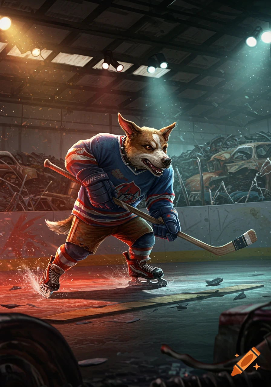 An aggressive, anthropomorphic dog in a hockey uniform and skates plays hockey in a gritty junkyard rink, with debris and abandoned cars in the background.