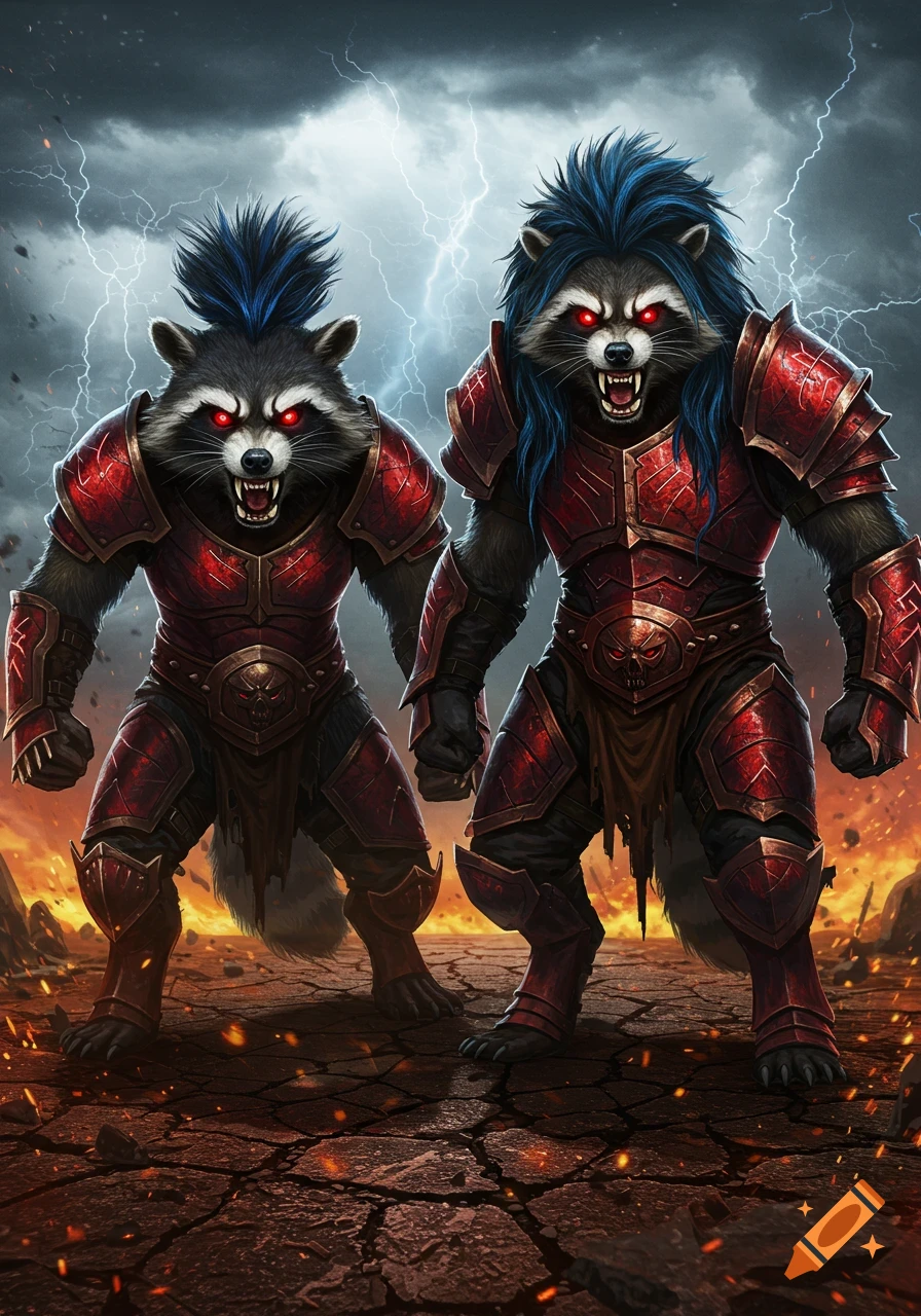 Two armored raccoon-orc warriors with glowing red eyes and mohawks roar on a cracked battlefield with lightning.