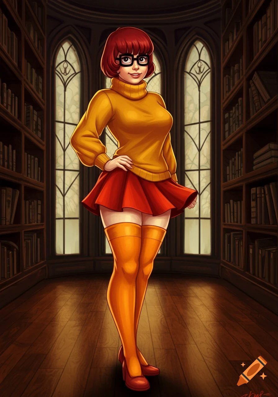 Velma from Scooby-Doo, wearing a yellow turtleneck, red skirt, and orange thigh-high socks, stands in a dark, ornate library.