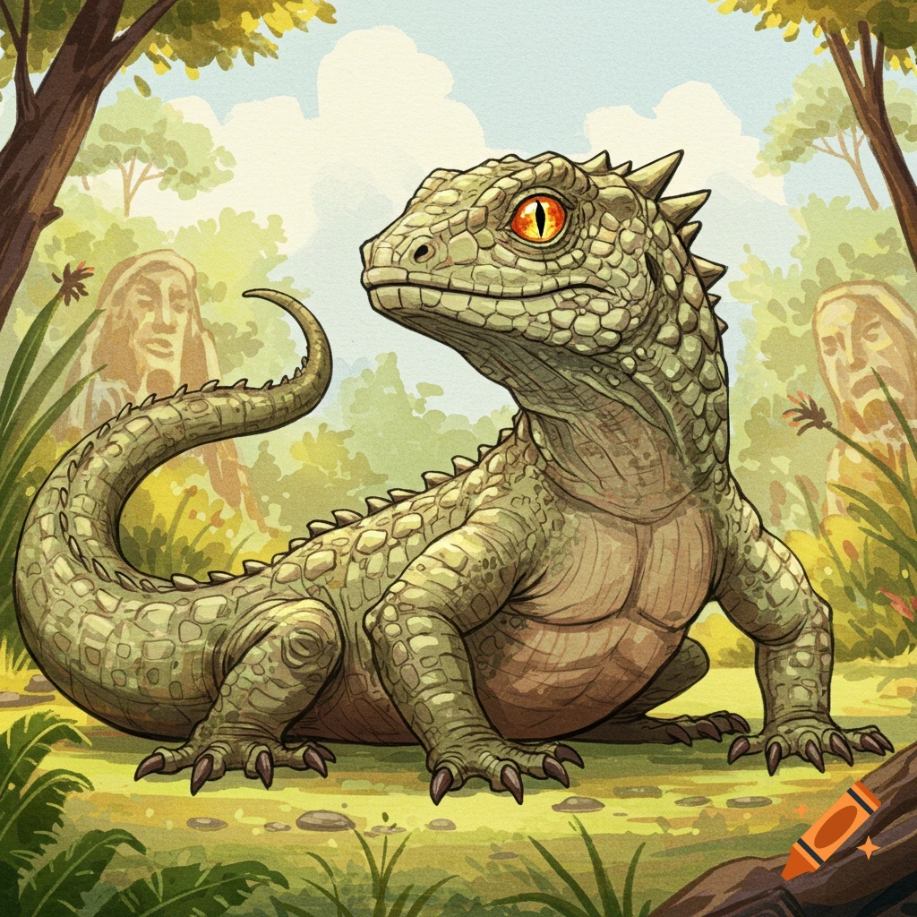A robust, green, dragon-like lizard with bright orange eyes sits in a traditional storybook watercolor forest with ancient stone statues in the background.