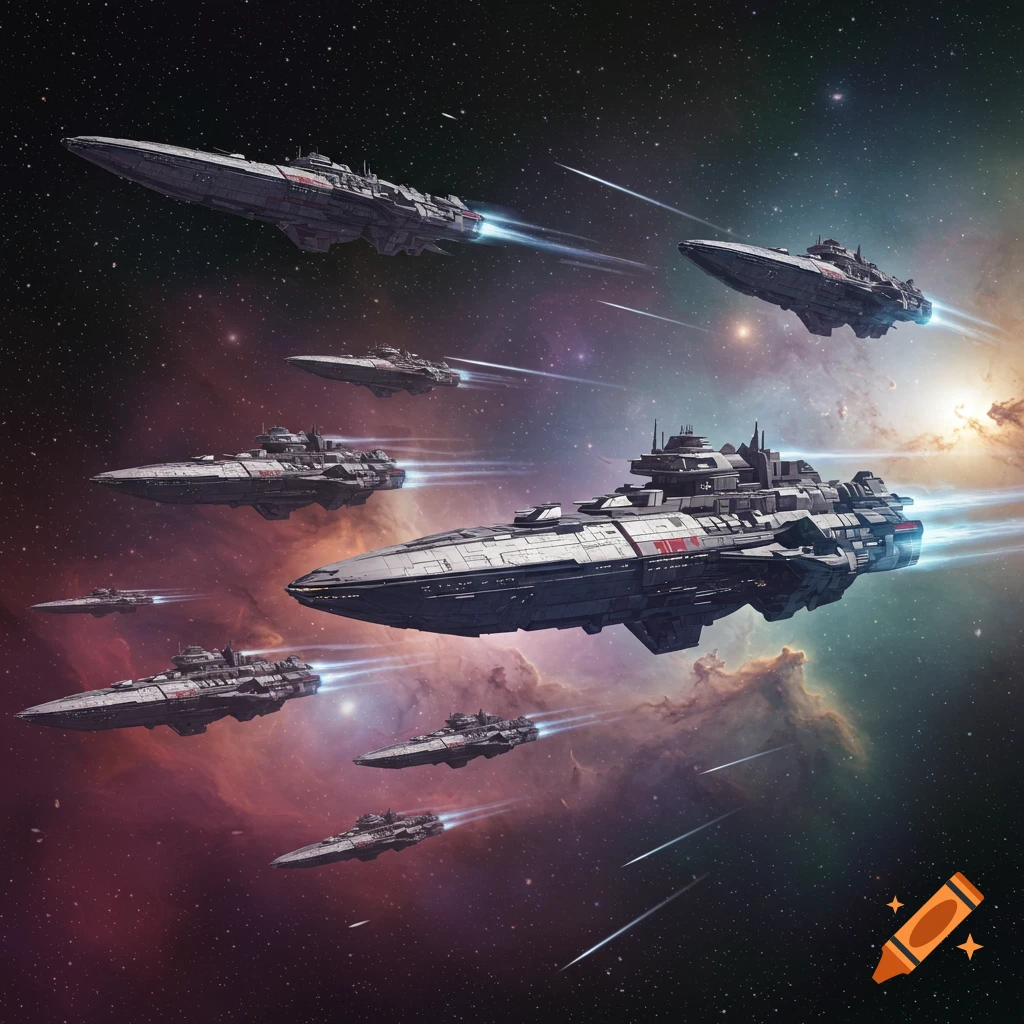 A fleet of futuristic spaceships, likely galactic navy cruisers, flying through a star-filled nebula.