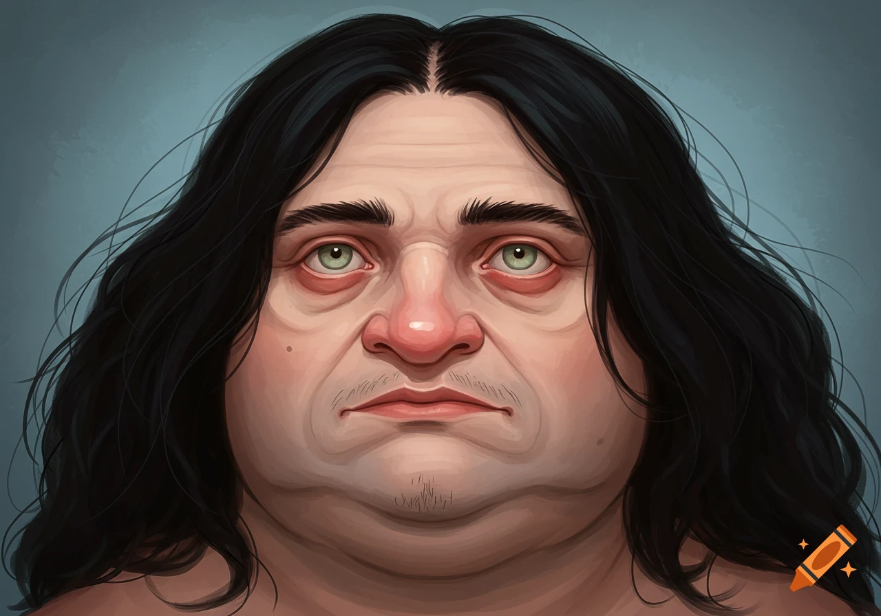 Illustration of a pale man with long black hair, green eyes, a large nose, and stubble against a blue background.