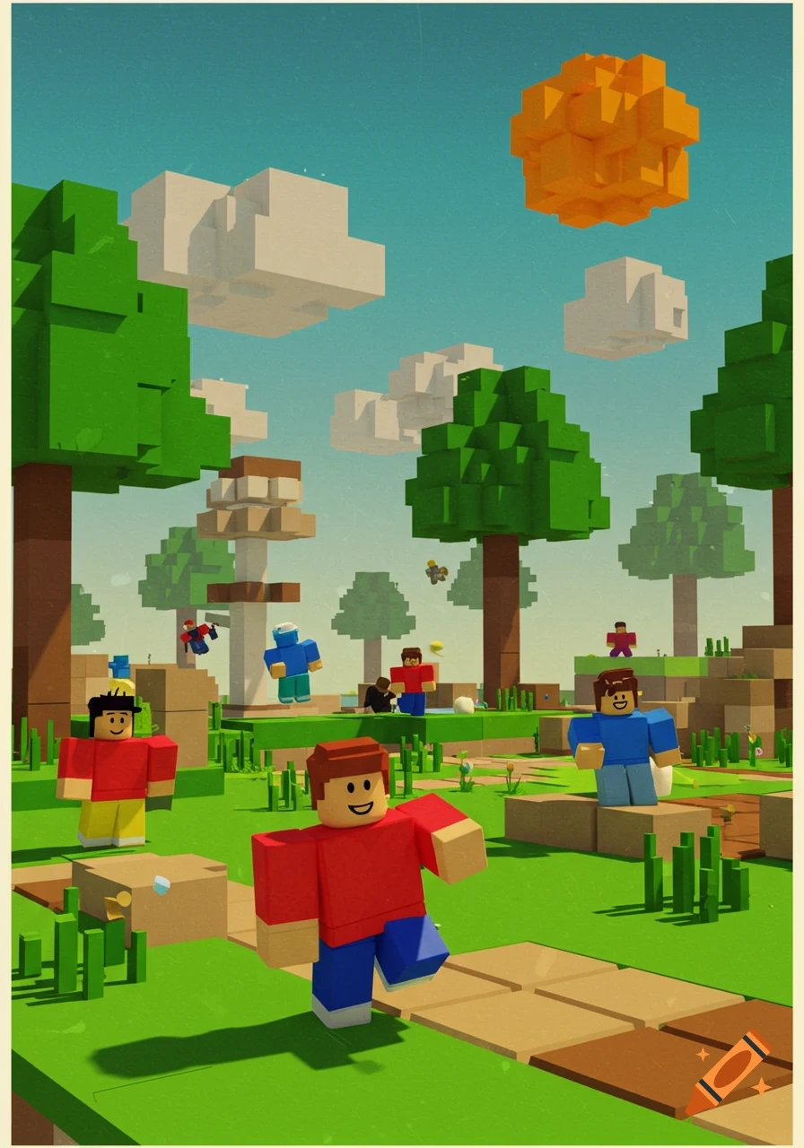 Blocky characters with big smiles explore a vibrant voxel landscape with trees and clouds, in the style of Roblox.