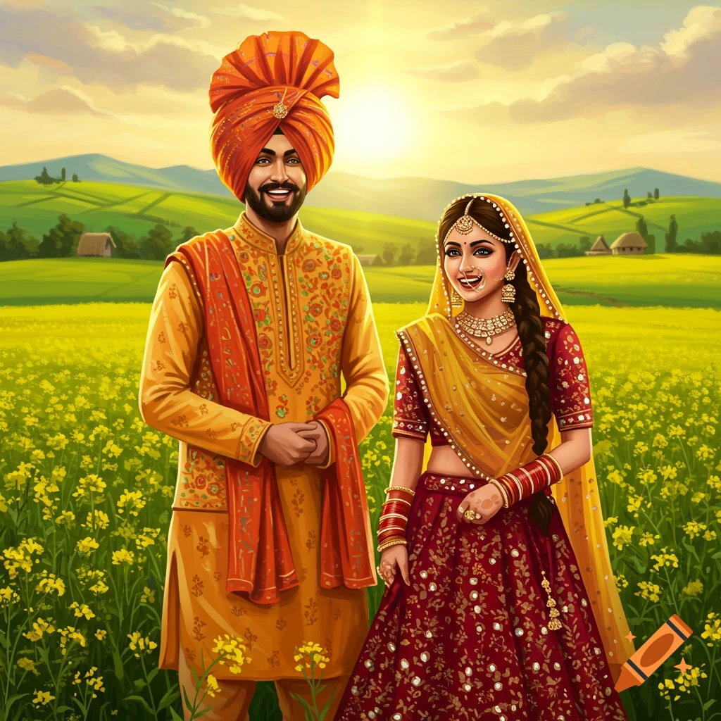 A smiling Punjabi couple in colorful traditional attire stands in a field of yellow flowers under a sunny sky in an illustrated style.