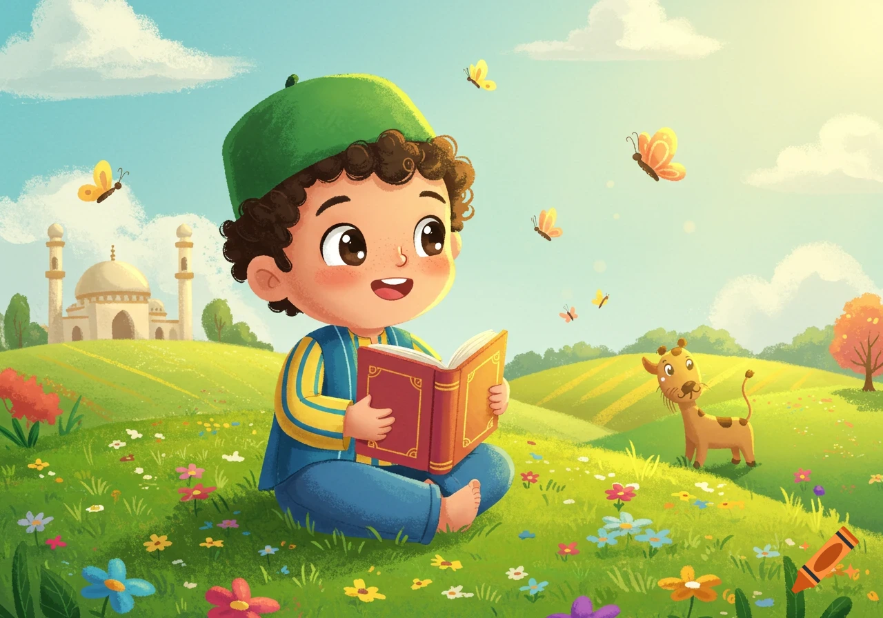A happy cartoon boy in a green cap sits in a flower-filled field reading a book, with butterflies, a giraffe, and a mosque in the sunny background.