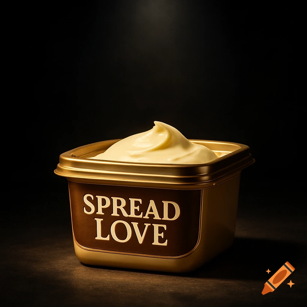 Photorealistic tub of butter labeled 'Spread Love' with a spotlight on a dark background.