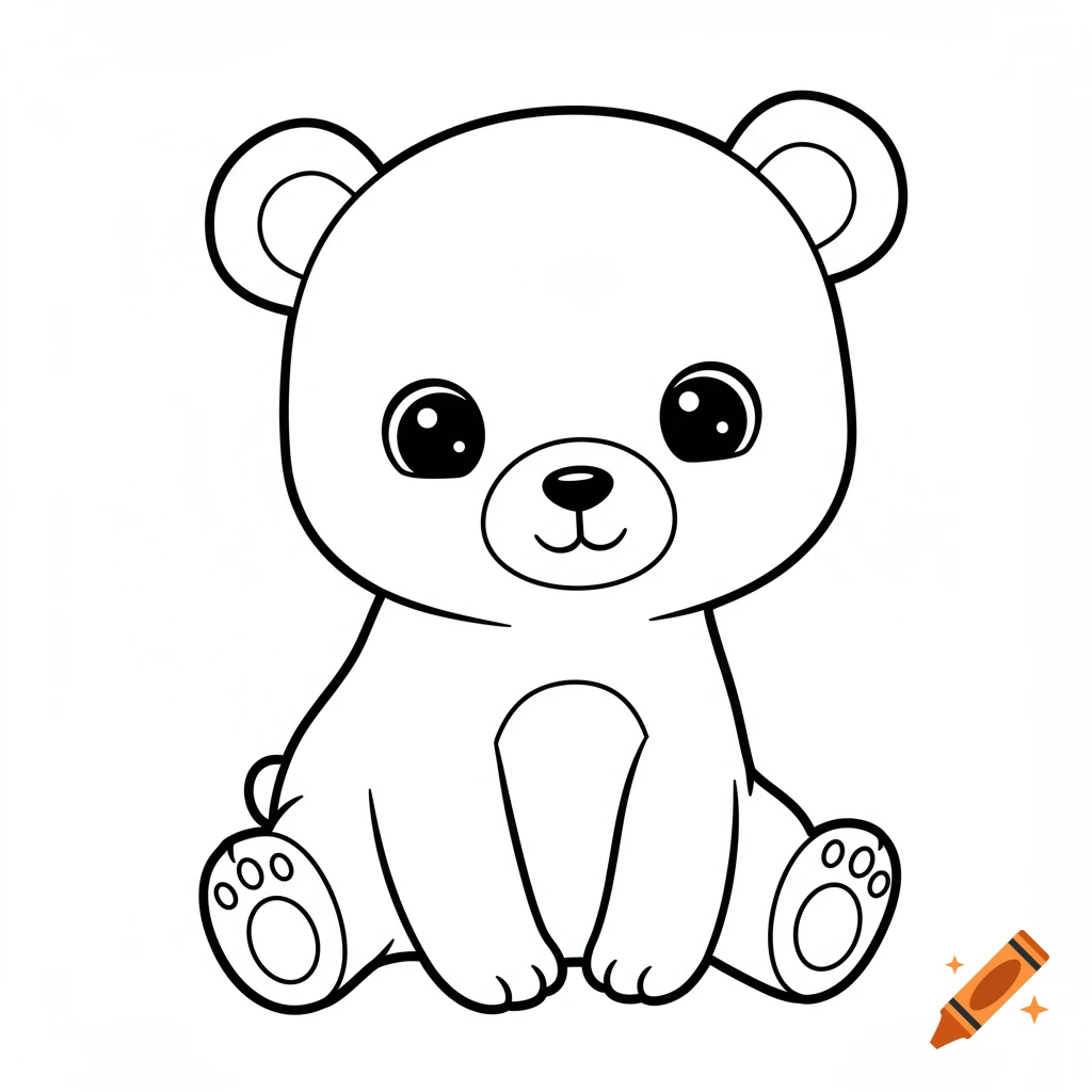 A cute baby bear sitting, depicted in a simple black and white outline style for a coloring page.