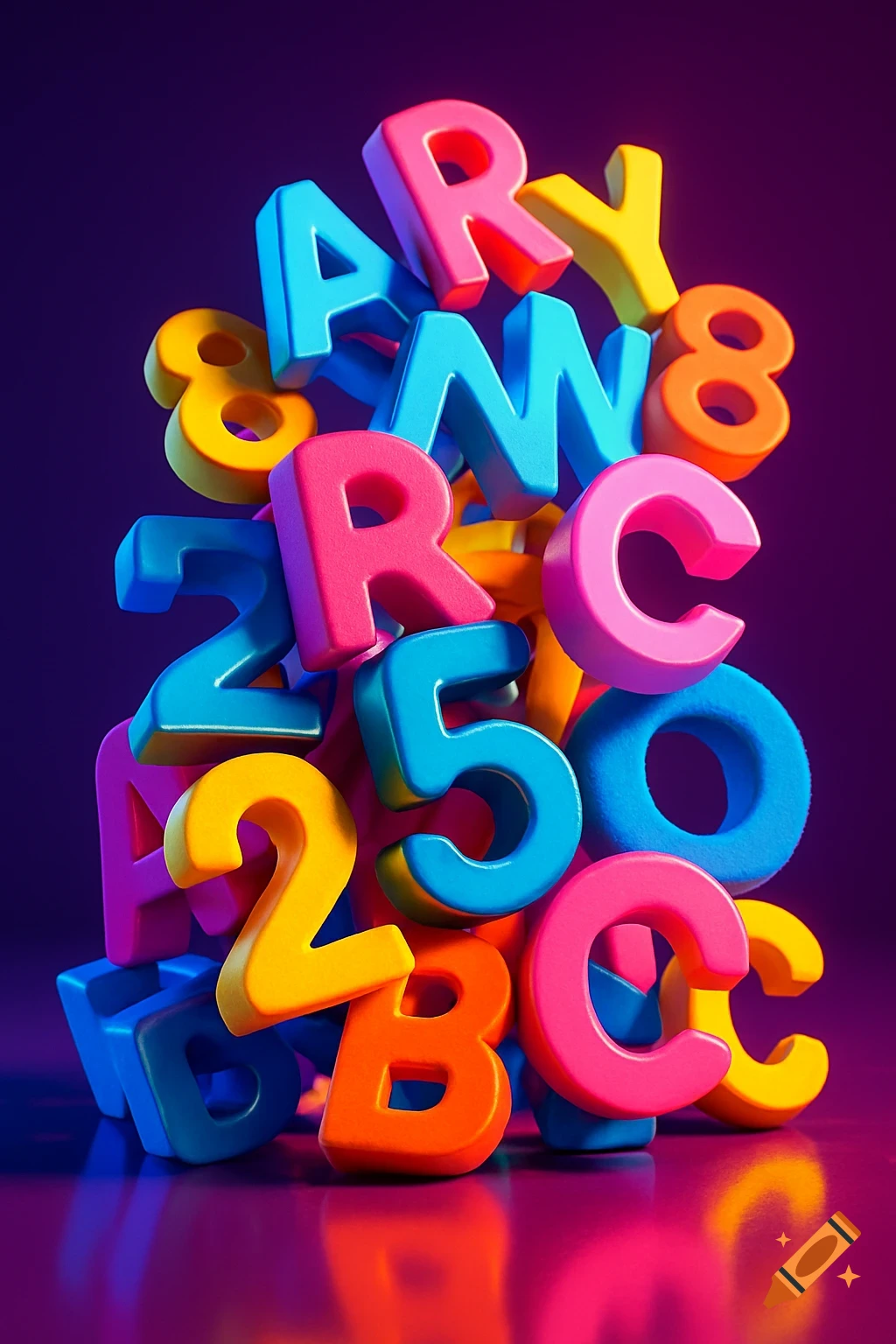 A vibrant stack of colorful, glossy 3D alphabet letters and numbers on a dark background.