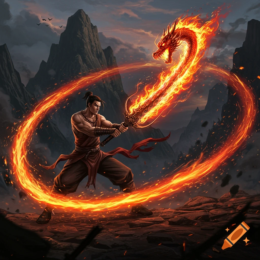 A powerful swordsman in a mountainous landscape wields a flaming sword that forms a fiery dragon's head and tail around him.
