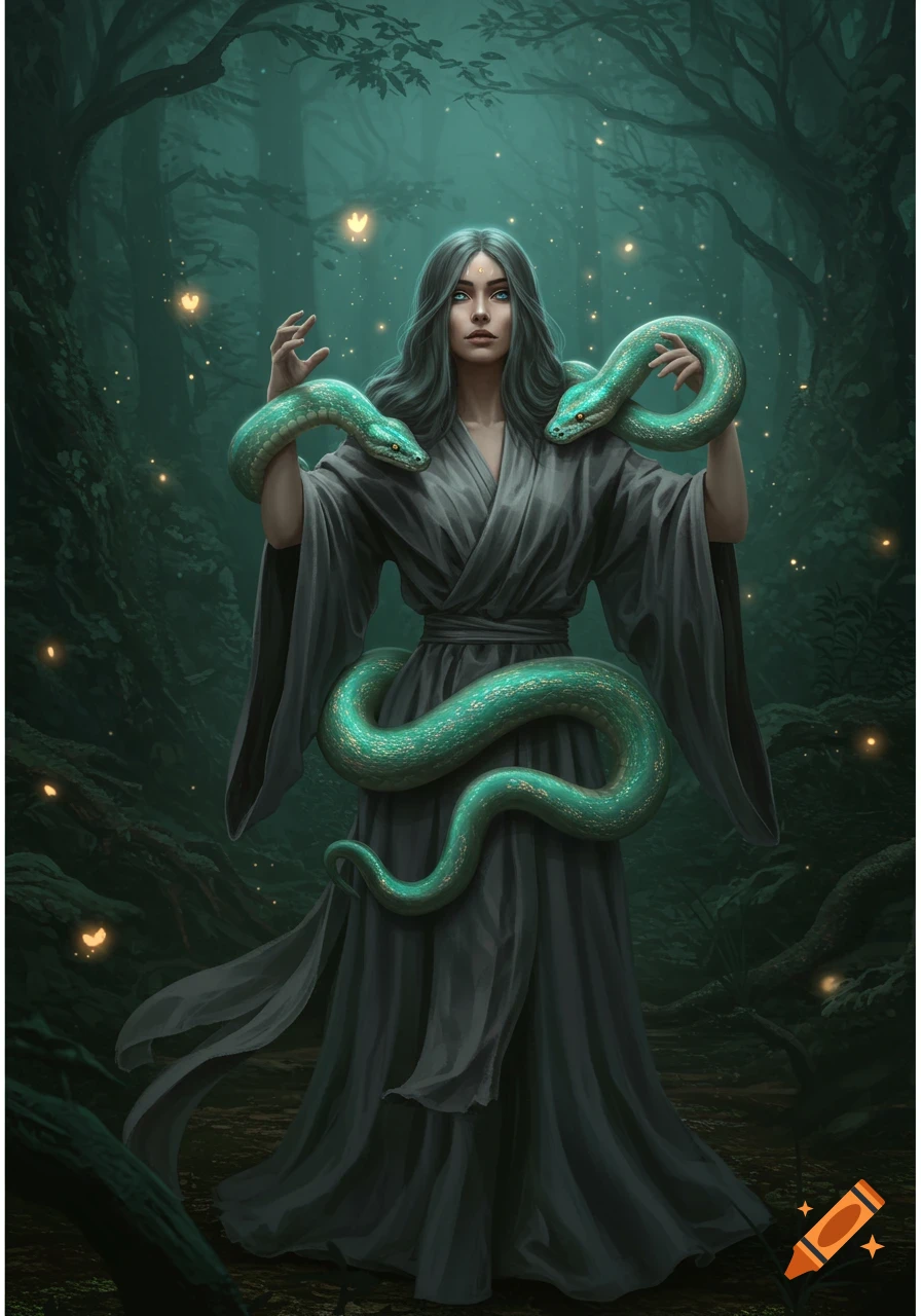 A mystical woman with long dark hair and blue eyes, wearing a dark robe, holds two large turquoise snakes in a dark, glowing fantasy forest.