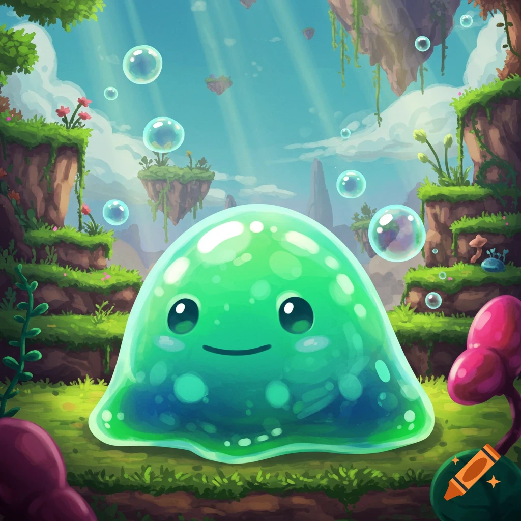 A cute, shiny green slime with a happy face in a fantasy landscape with floating islands and bubbles, illustration.