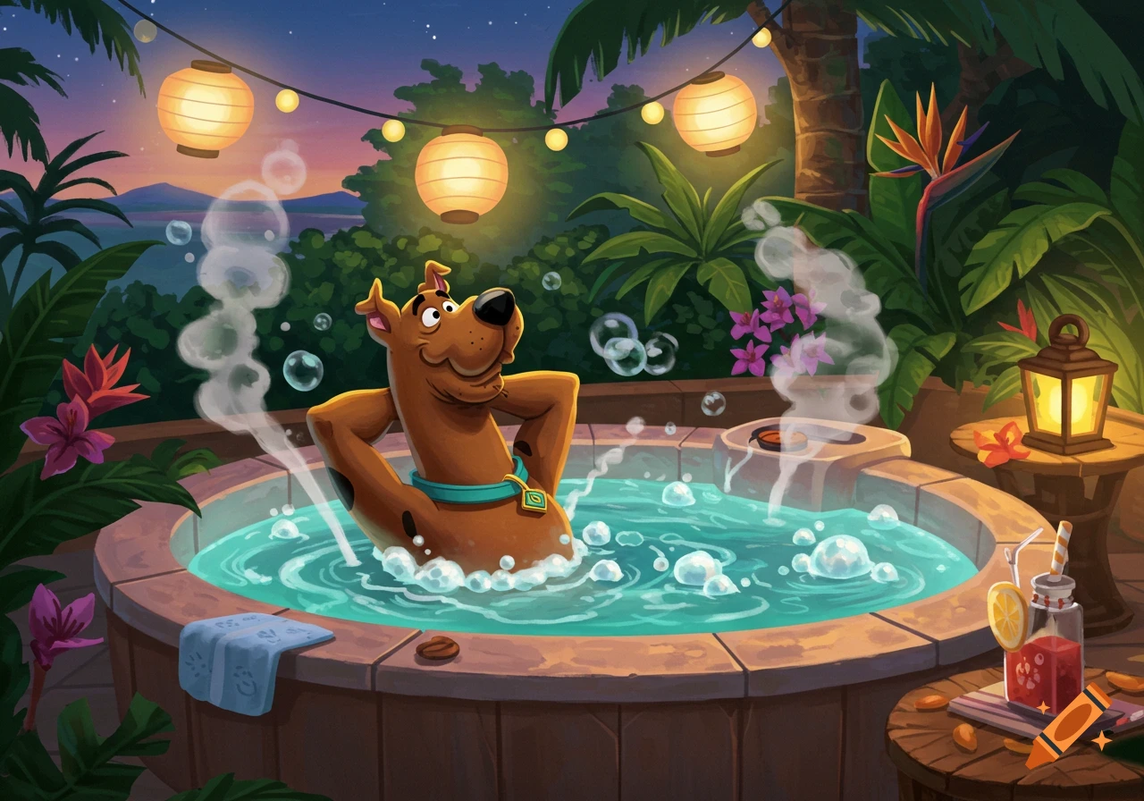 Scooby Doo relaxes in a bubbly outdoor hot tub at night, surrounded by tropical plants and glowing lanterns, cartoon illustration.